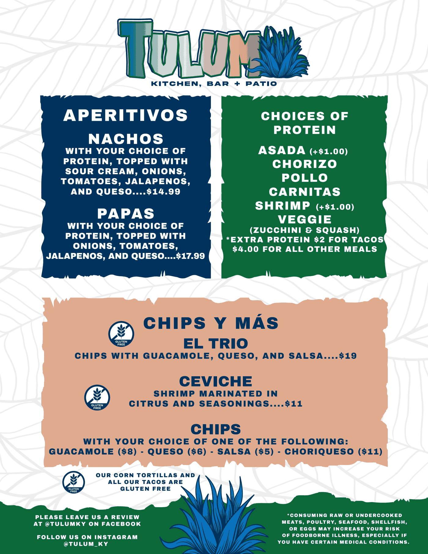 Tulum Kitchen, Bar + Patio menu — Aperitivos, choice of protein, and Chips y Más